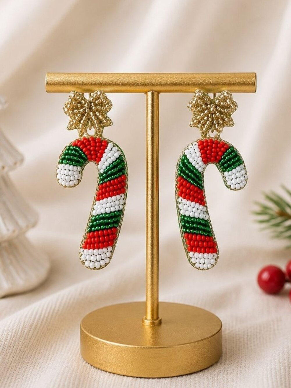 Beaded Candy Cane Earrings Christmas Artisan Holiday Bow Winter Statement Dangle